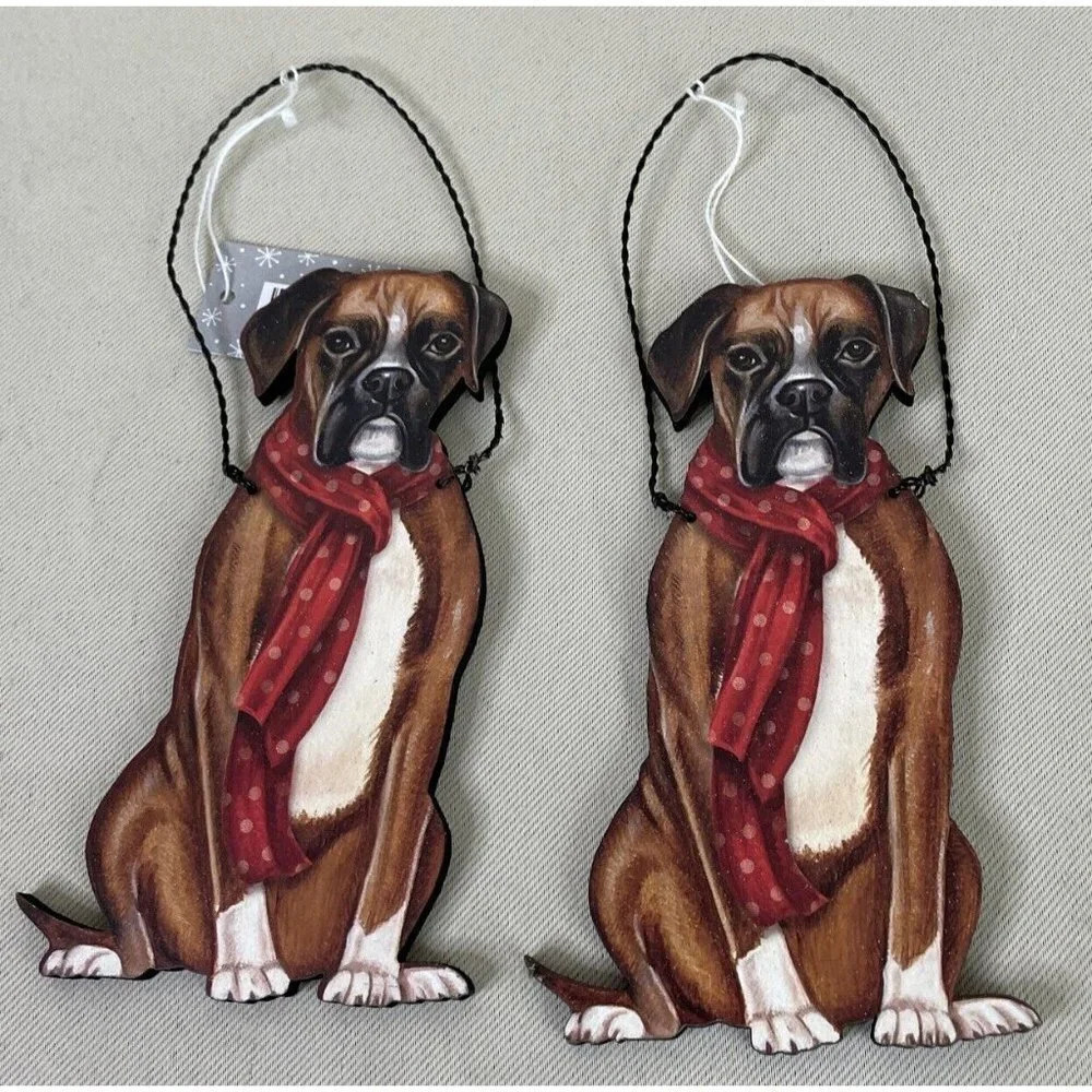 Boxer Red Scarf‎ Dog Holiday Christmas Wood Ornament Wire Hanger NEW Set Of 2